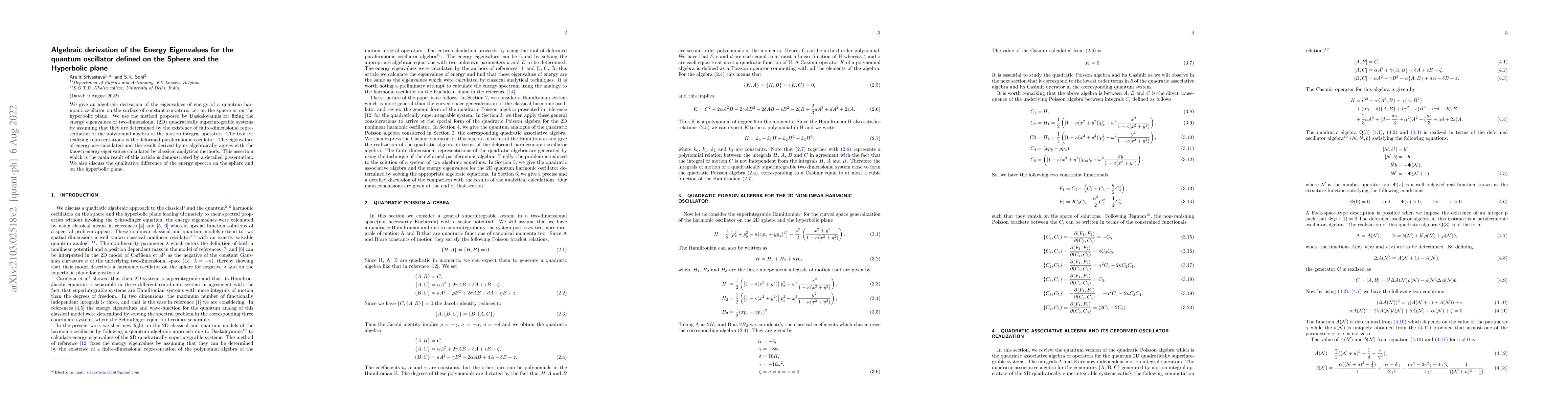 Thumbnail for Algebraic derivation of the Energy Eigenvalues for the quantum
  oscillator defined on the Sphere and the Hyperbolic plane