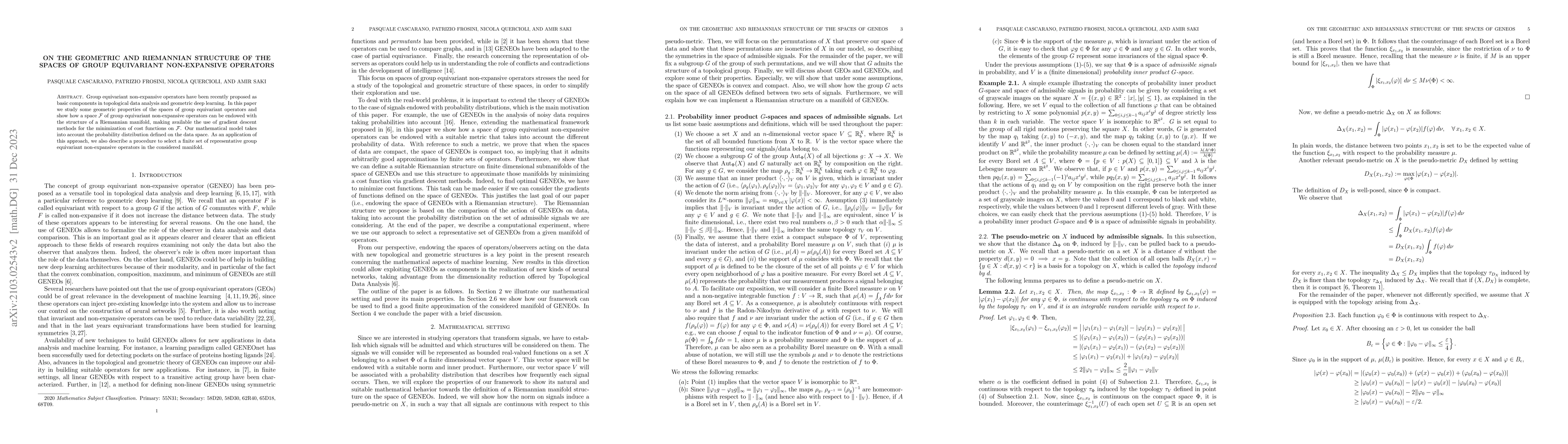 Thumbnail for On the geometric and Riemannian structure of the spaces of group
  equivariant non-expansive operators