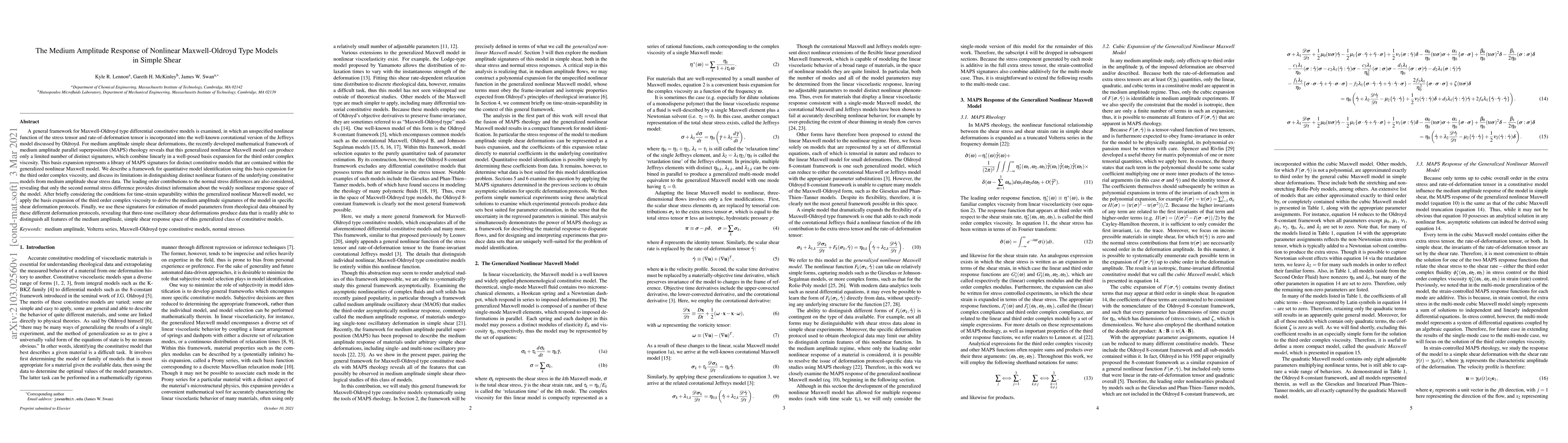 Thumbnail for The Medium Amplitude Response of Nonlinear Maxwell-Oldroyd Type Models
  in Simple Shear