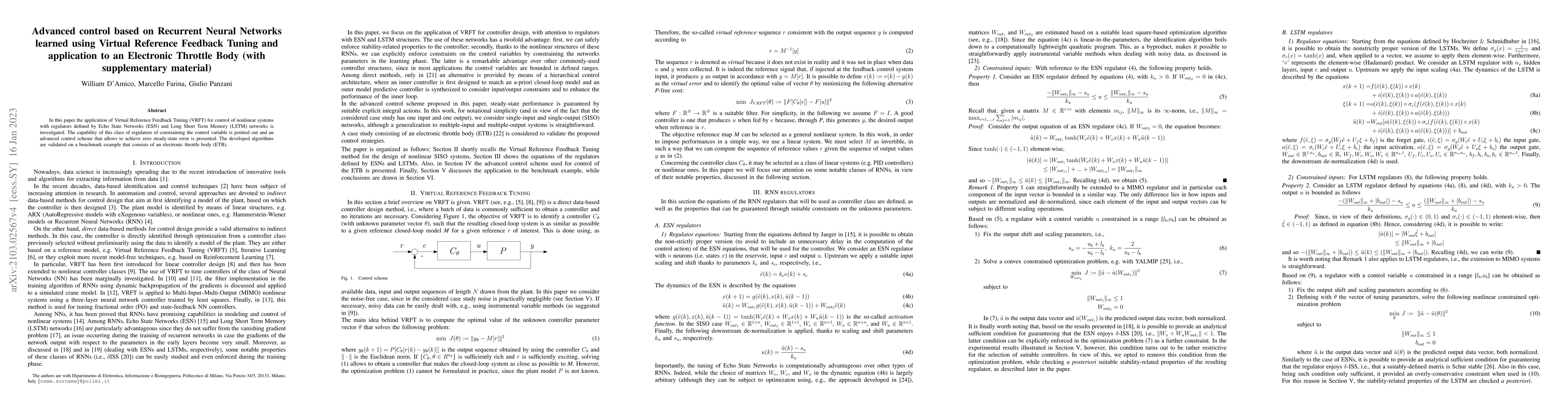 Thumbnail for Advanced control based on Recurrent Neural Networks learned using
  Virtual Reference Feedback Tuning and application to an Electronic Throttle
  Body (with supplementary material)