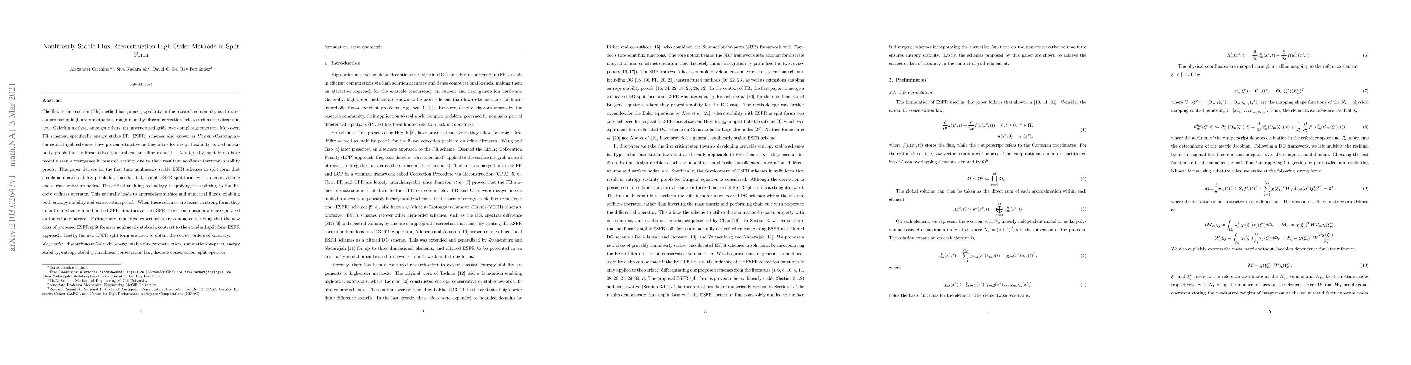Thumbnail for Nonlinearly Stable Flux Reconstruction High-Order Methods in Split Form