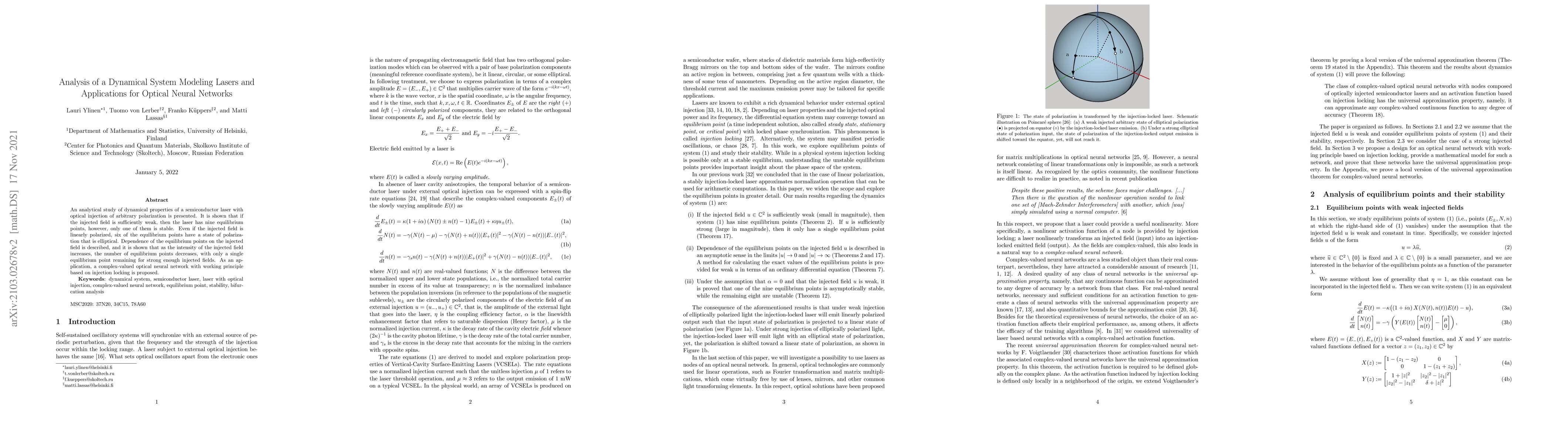 Thumbnail for Analysis of a dynamical system modeling lasers and applications for
  optical neural networks