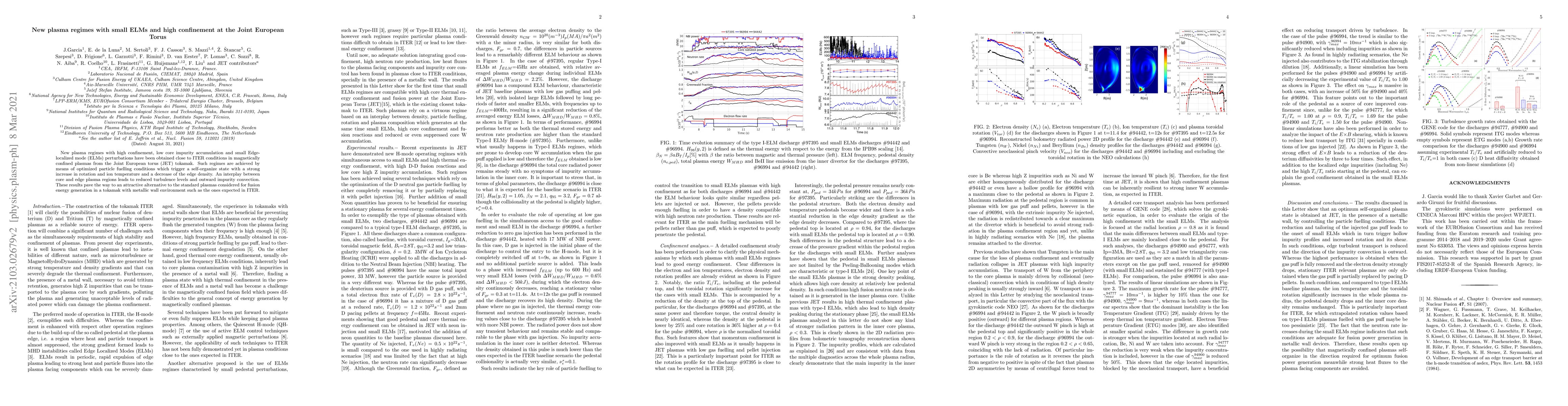 Thumbnail for New plasma regimes with small ELMs and high confinement at the Joint
  European Torus