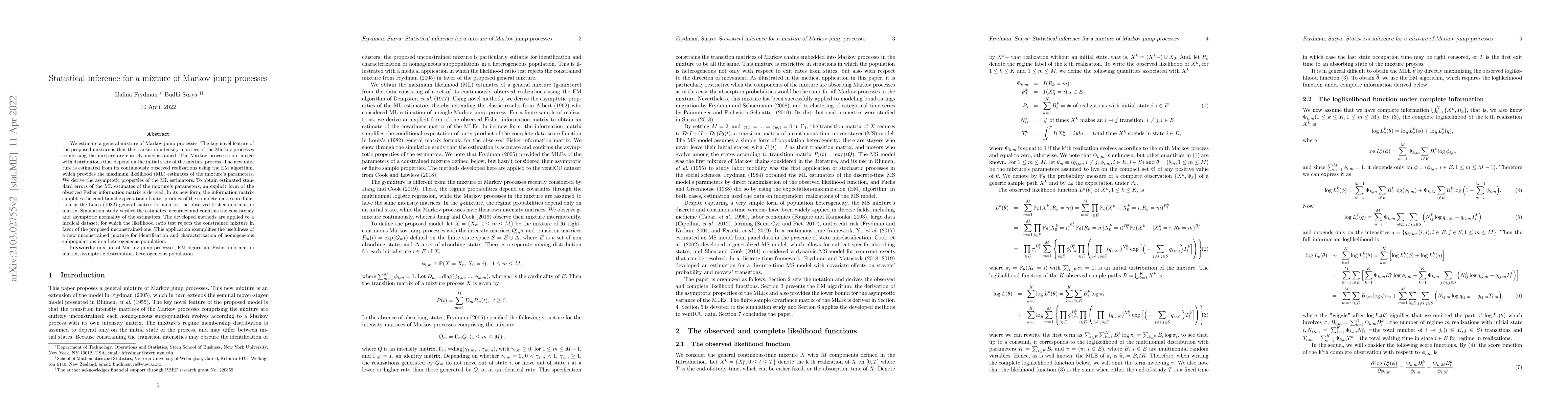 Thumbnail for Statistical inference for a mixture of Markov jump processes