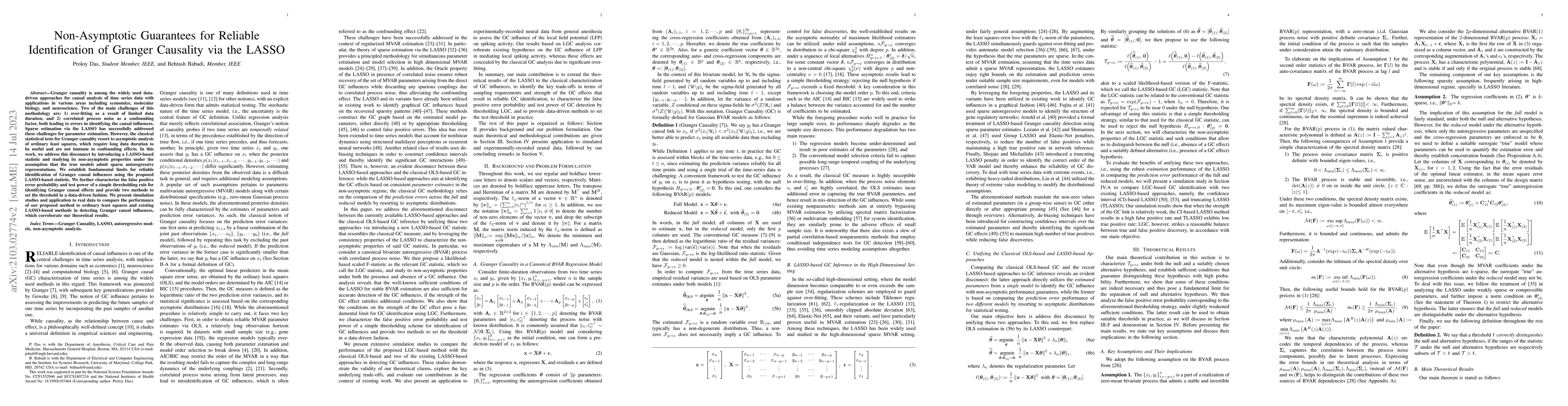 Thumbnail for Non-Asymptotic Guarantees for Reliable Identification of Granger
  Causality via the LASSO