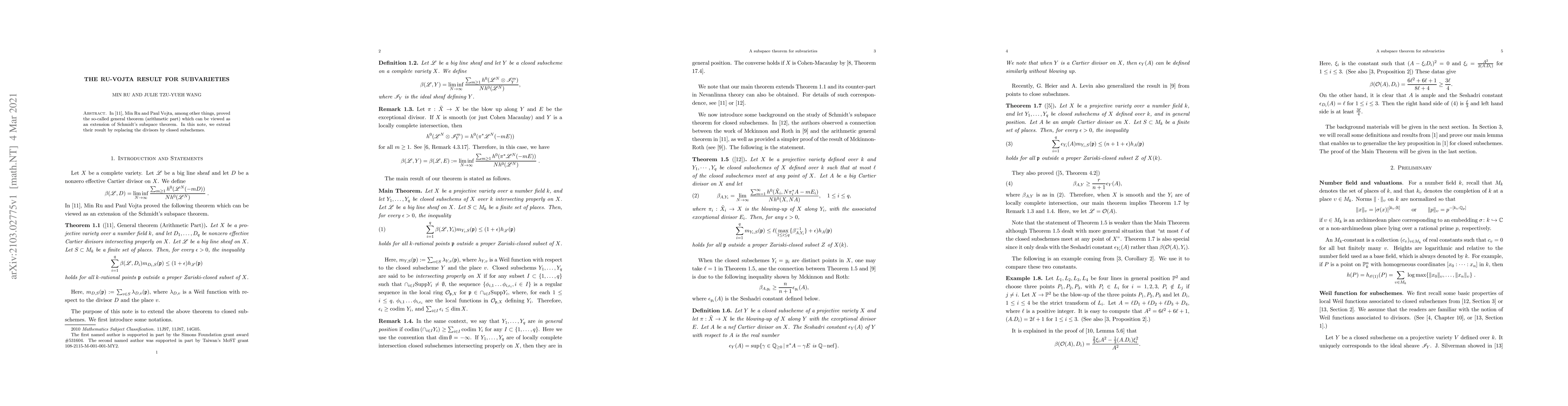 Thumbnail for The Ru-Vojta result for subvarieties