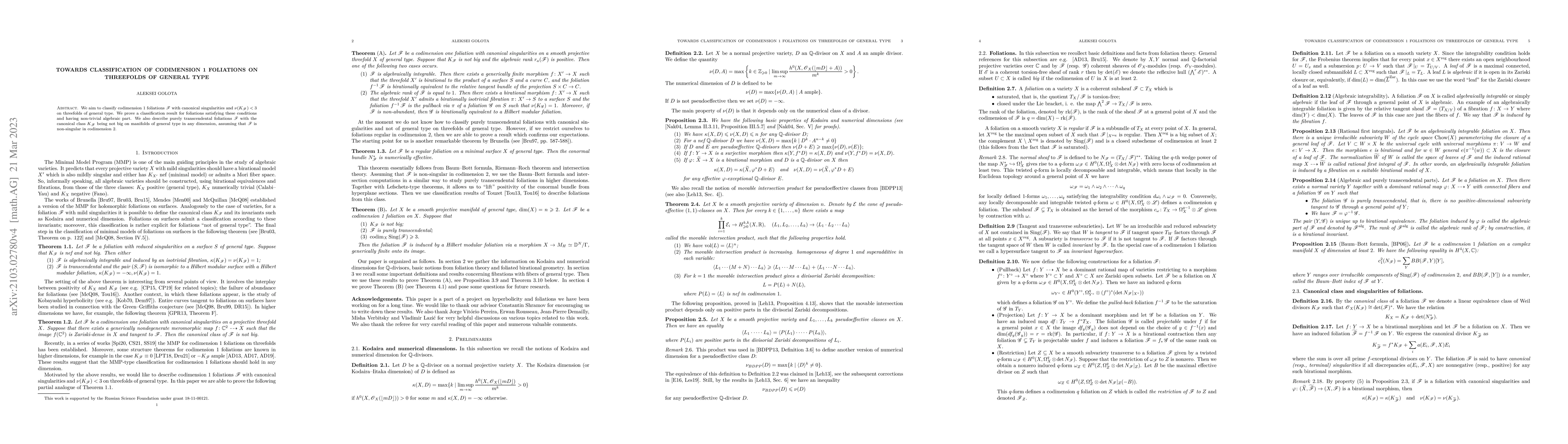 Thumbnail for Towards classification of codimension 1 foliations on threefolds of
  general type