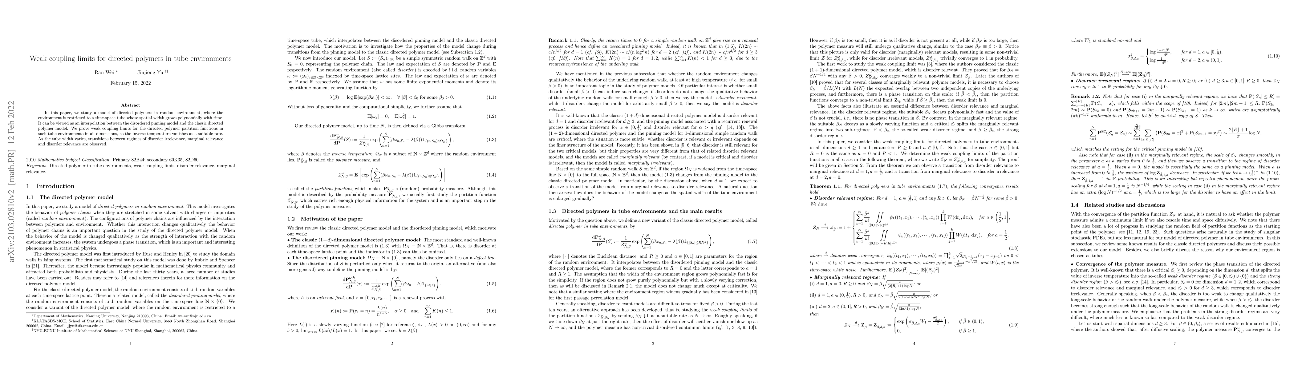 Thumbnail for Weak coupling limits for directed polymers in tube environments