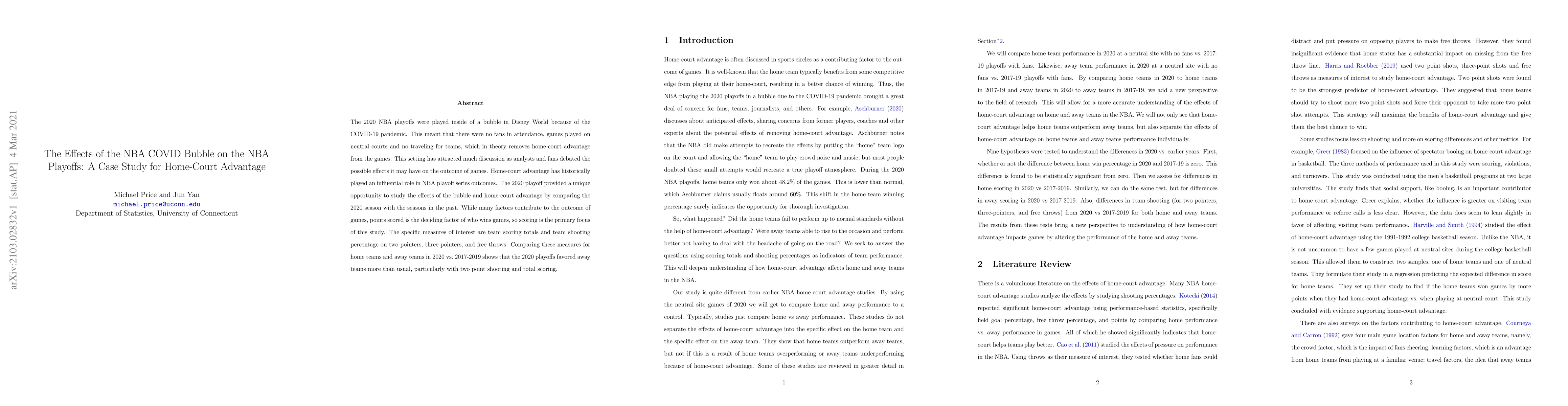 Thumbnail for The Effects of the NBA COVID Bubble on the NBA Playoffs: A Case Study
  for Home-Court Advantage