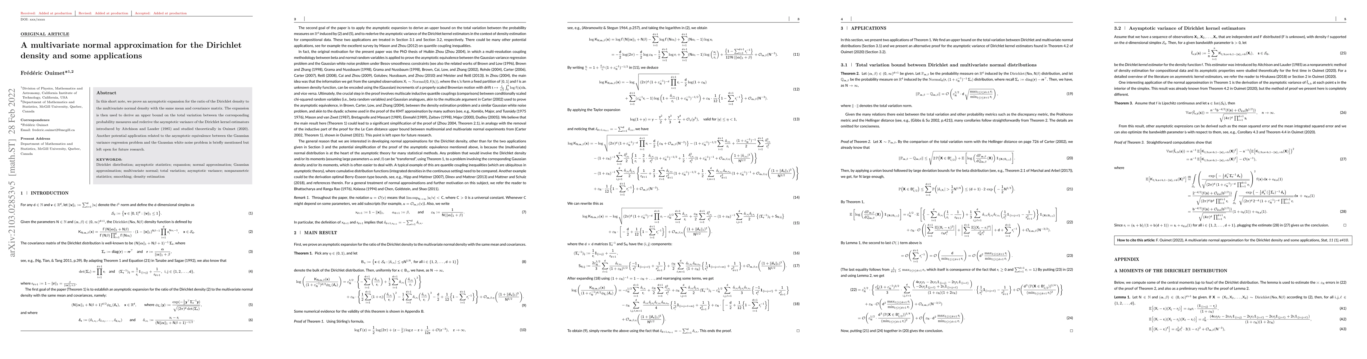 Thumbnail for A multivariate normal approximation for the Dirichlet density and some
  applications