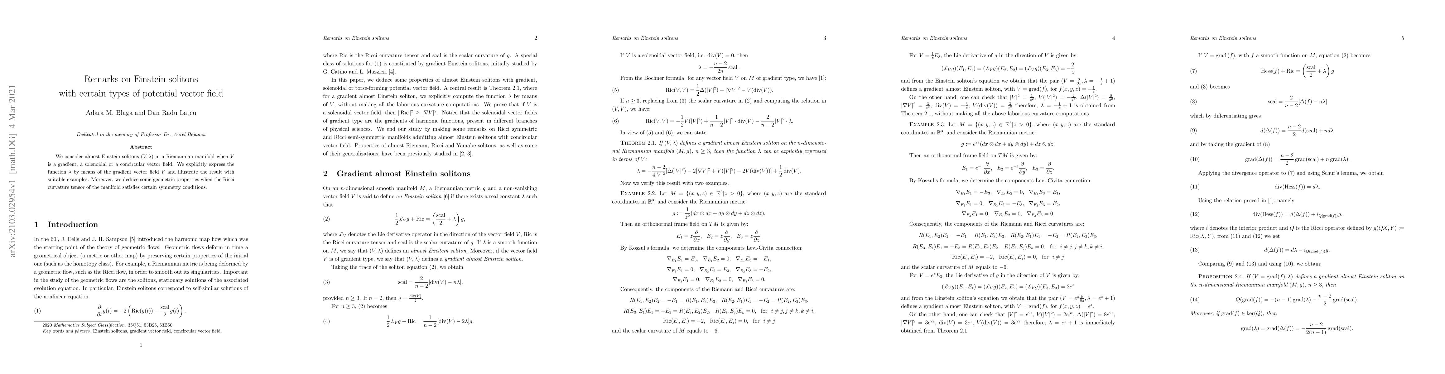 Thumbnail for Remarks on Einstein solitons with certain types of potential vector
  field