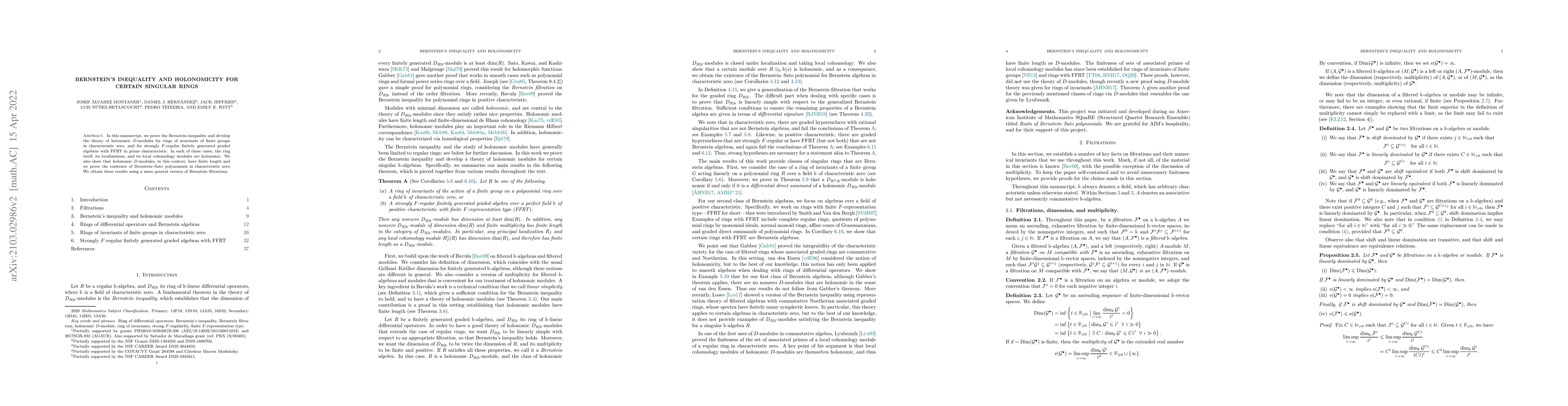 Thumbnail for Bernstein's inequality and holonomicity for certain singular rings