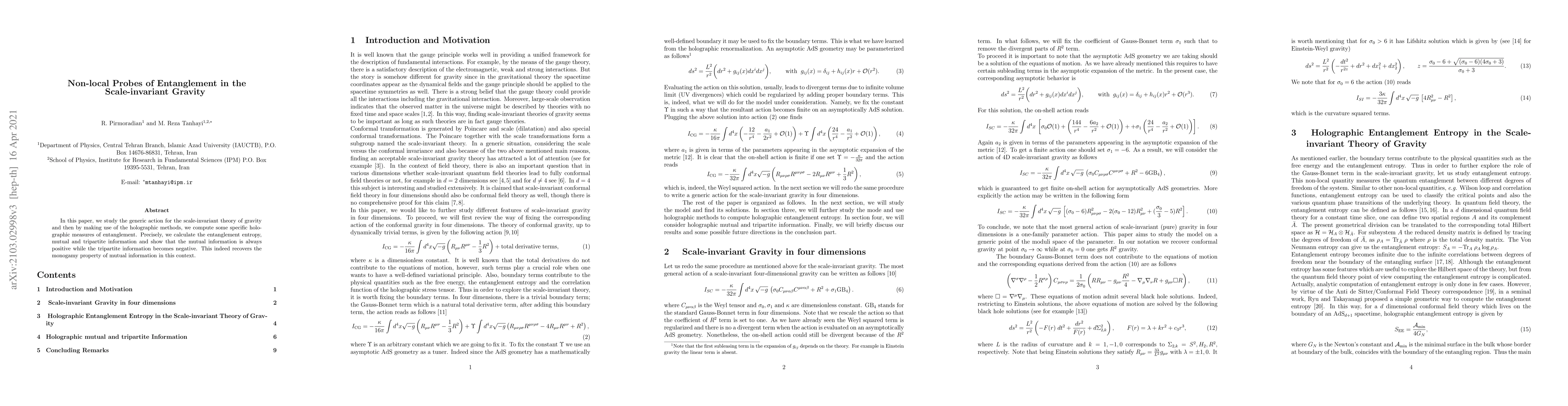 Thumbnail for Non-local Probes of Entanglement in the Scale Invariant Gravity
