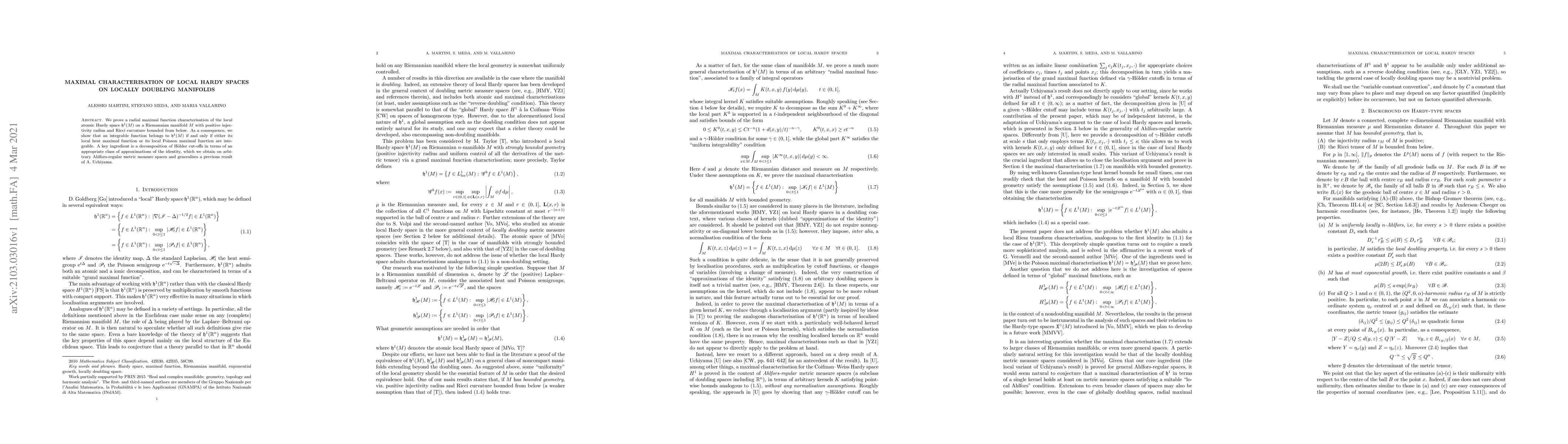 Thumbnail for Maximal characterisation of local Hardy spaces on locally doubling
  manifolds