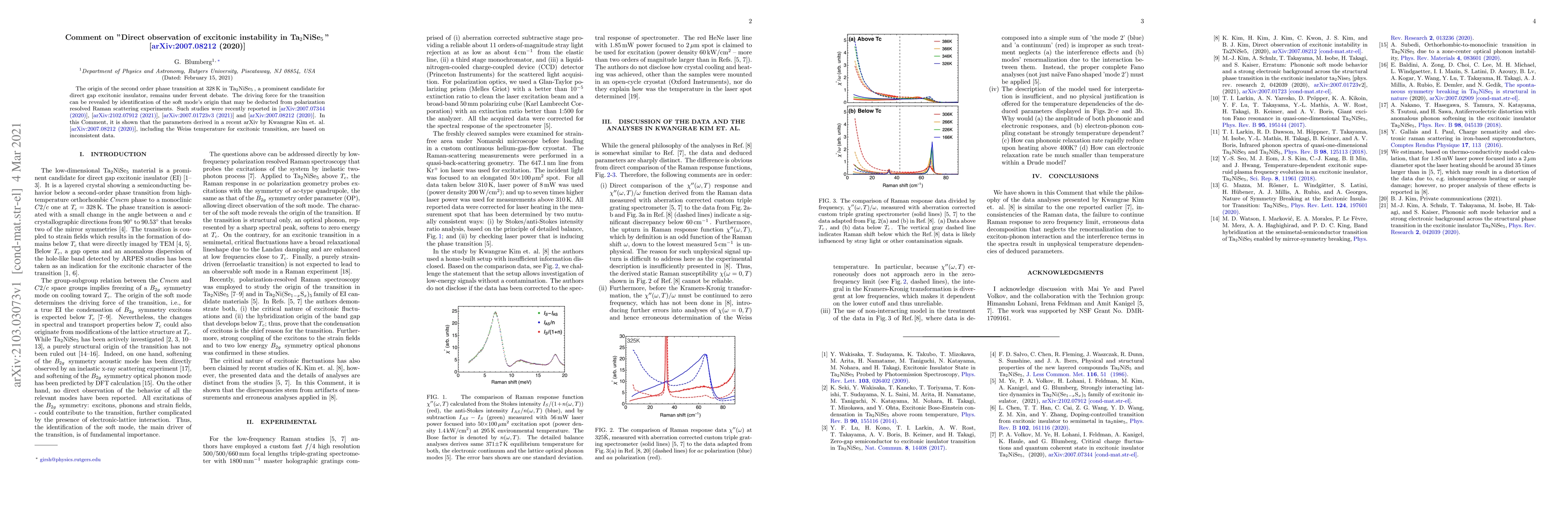 Thumbnail for Comment on "Direct observation of excitonic instability in
  Ta$_2$NiSe$_5$" [arXiv:2007.08212 (2020)]