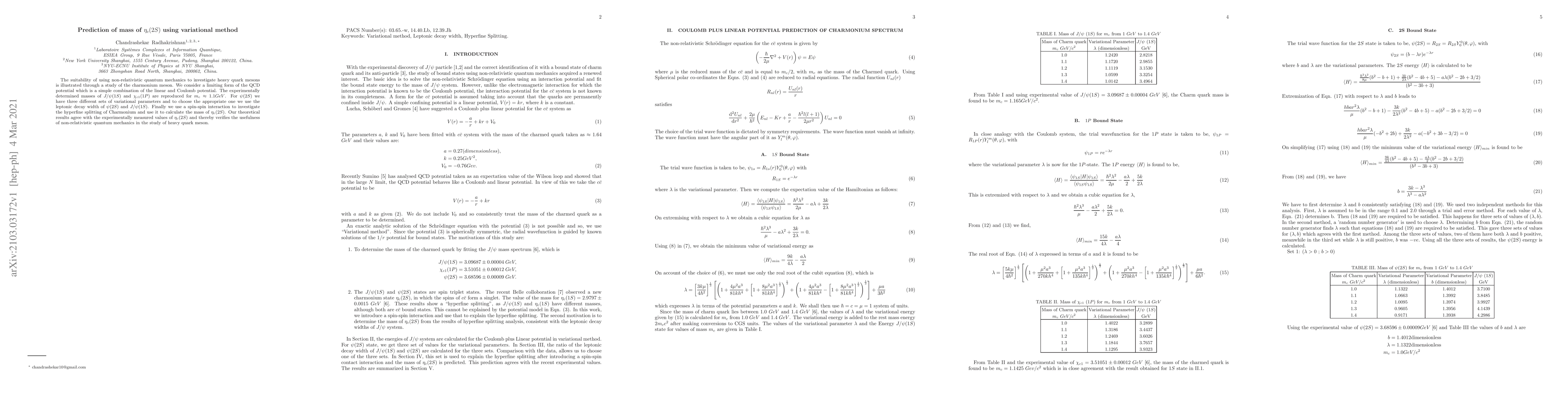 Thumbnail for Prediction of mass of $\eta_{c}$ (2S) using variational method
