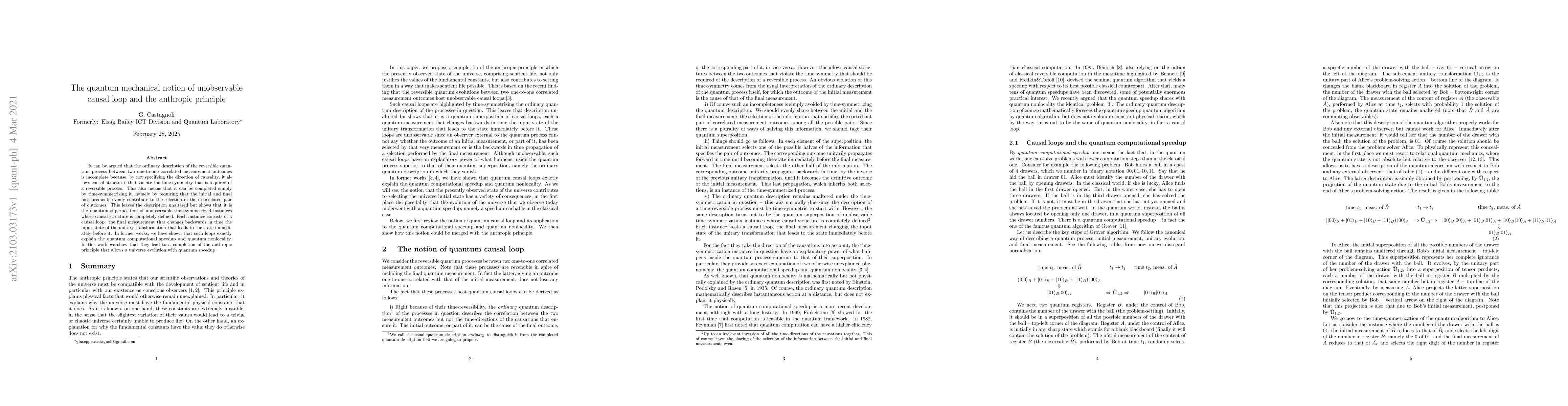 Thumbnail for The quantum mechanical notion of unobservable causal loop and the
  anthropic principle