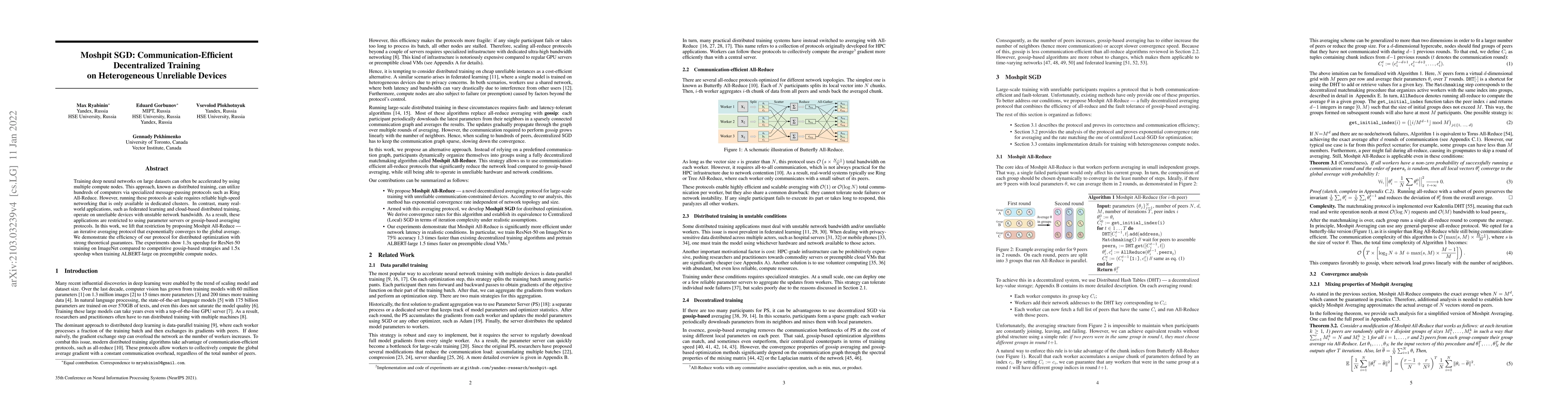 Thumbnail for Moshpit SGD: Communication-Efficient Decentralized Training on
  Heterogeneous Unreliable Devices