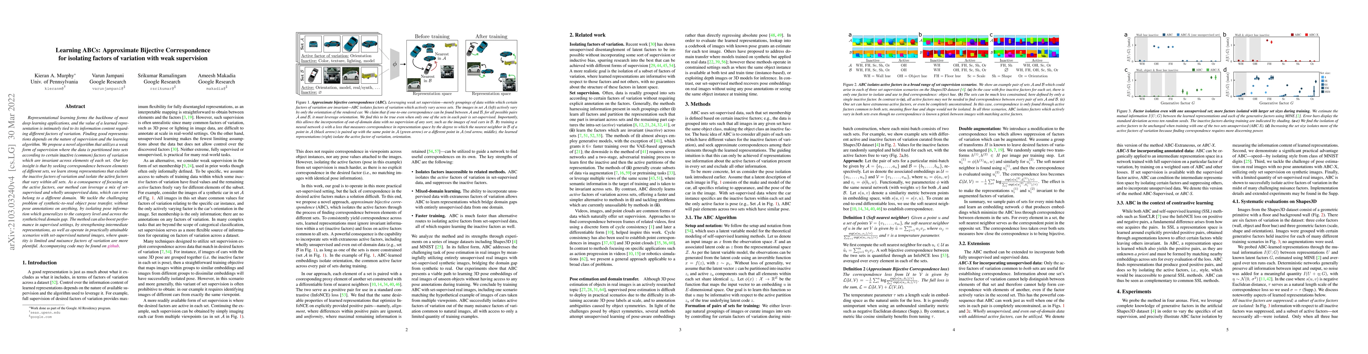 Thumbnail for Learning ABCs: Approximate Bijective Correspondence for isolating
  factors of variation with weak supervision