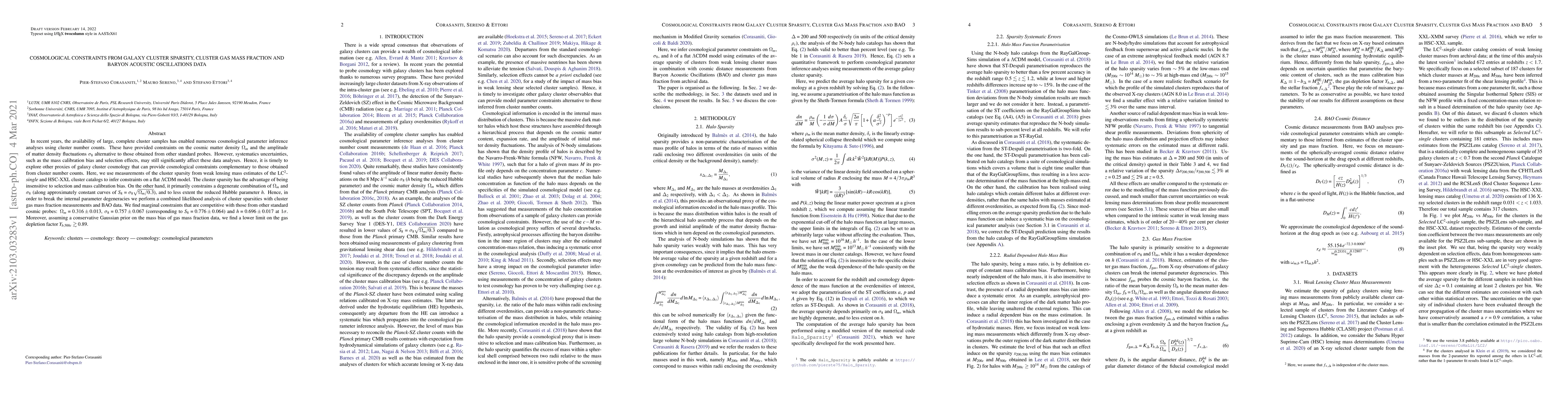 Thumbnail for Cosmological Constraints from Galaxy Cluster Sparsity, Cluster Gas Mass
  Fraction and Baryon Acoustic Oscillations Data