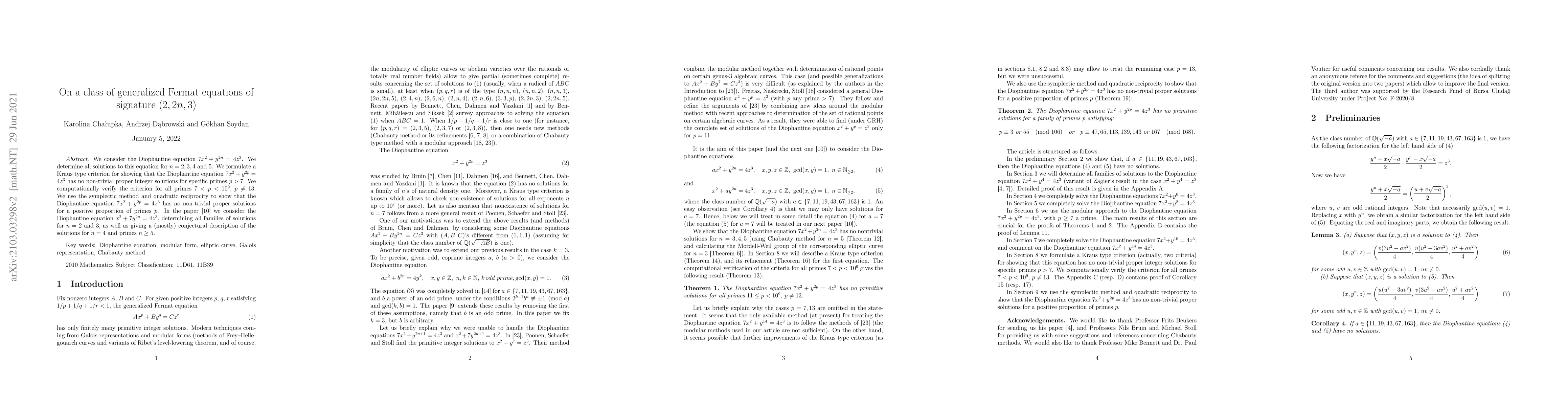 Thumbnail for On a class of generalized Fermat equations of signature $(2,2n,3)$