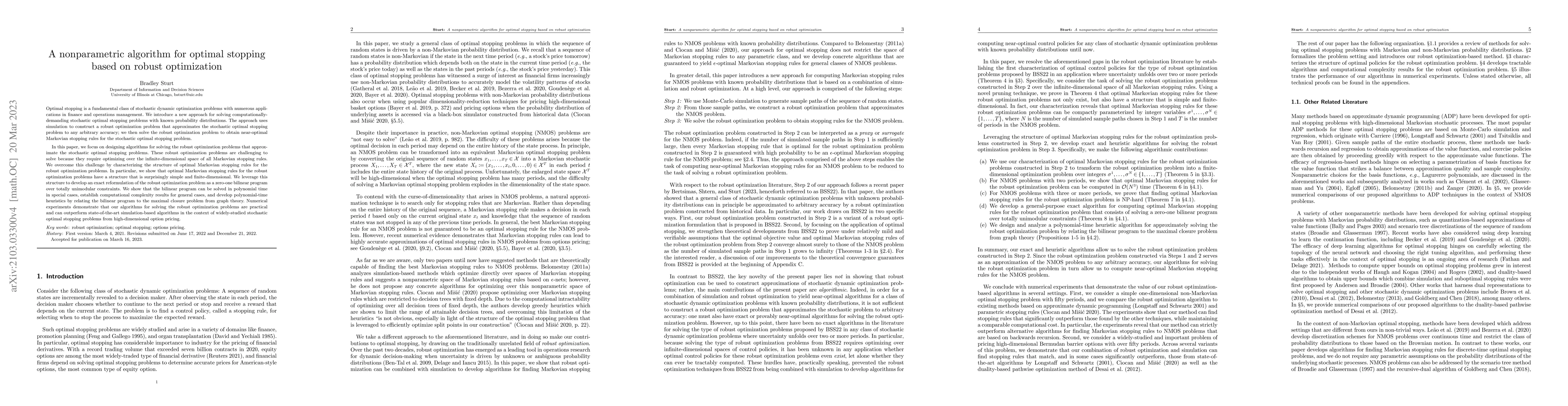 Thumbnail for A nonparametric algorithm for optimal stopping based on robust
  optimization
