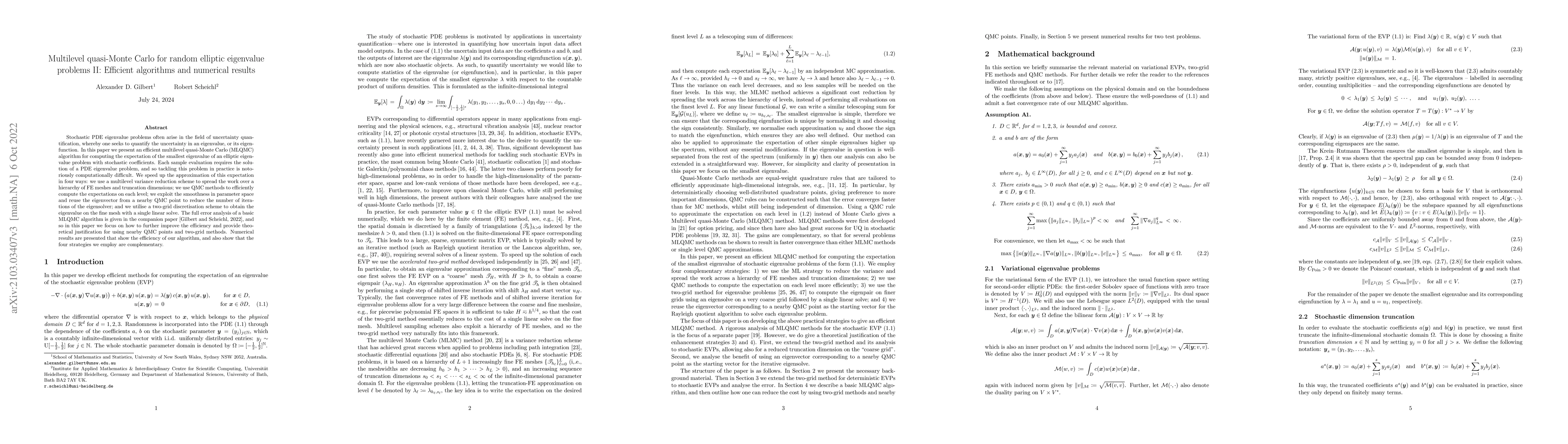 Thumbnail for Multilevel quasi-Monte Carlo for random elliptic eigenvalue problems II:
  Efficient algorithms and numerical results