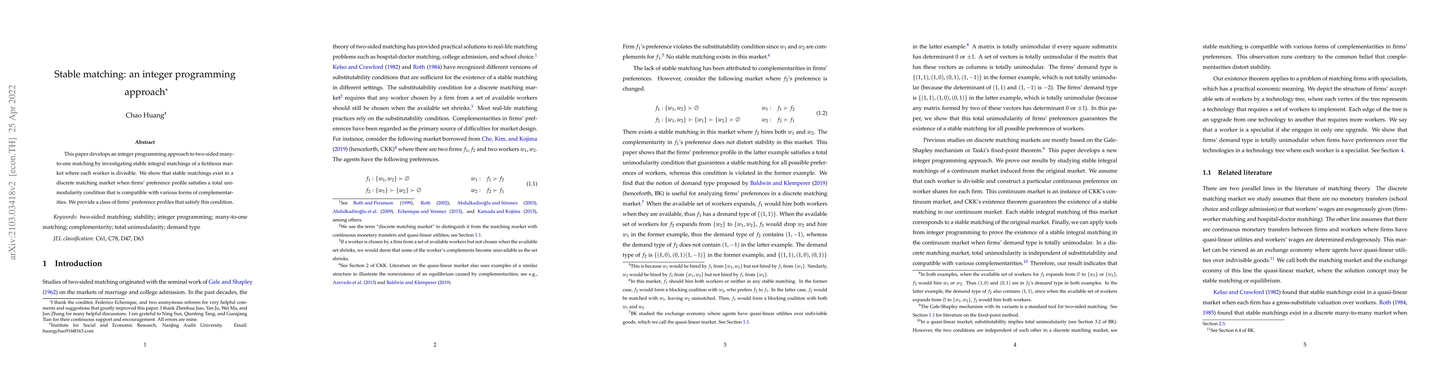 Thumbnail for Stable matching: an integer programming approach