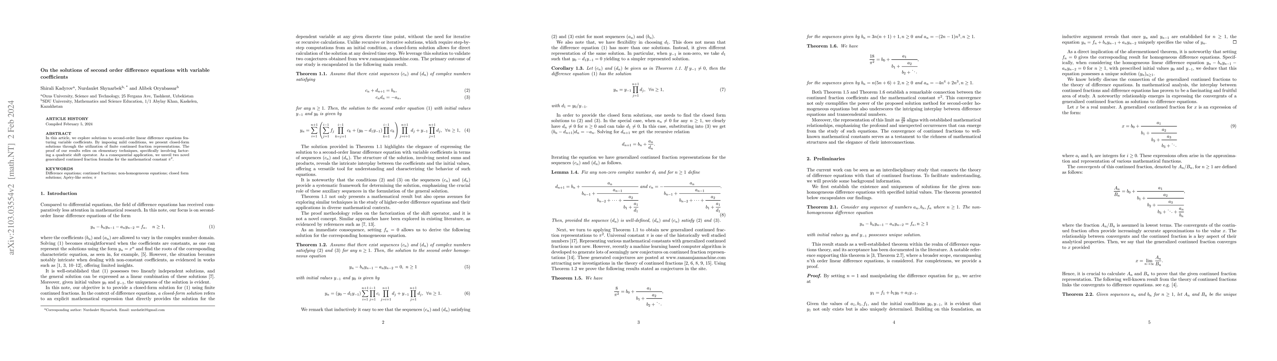 Thumbnail for On the solutions of second order difference equations with variable
  coefficients
