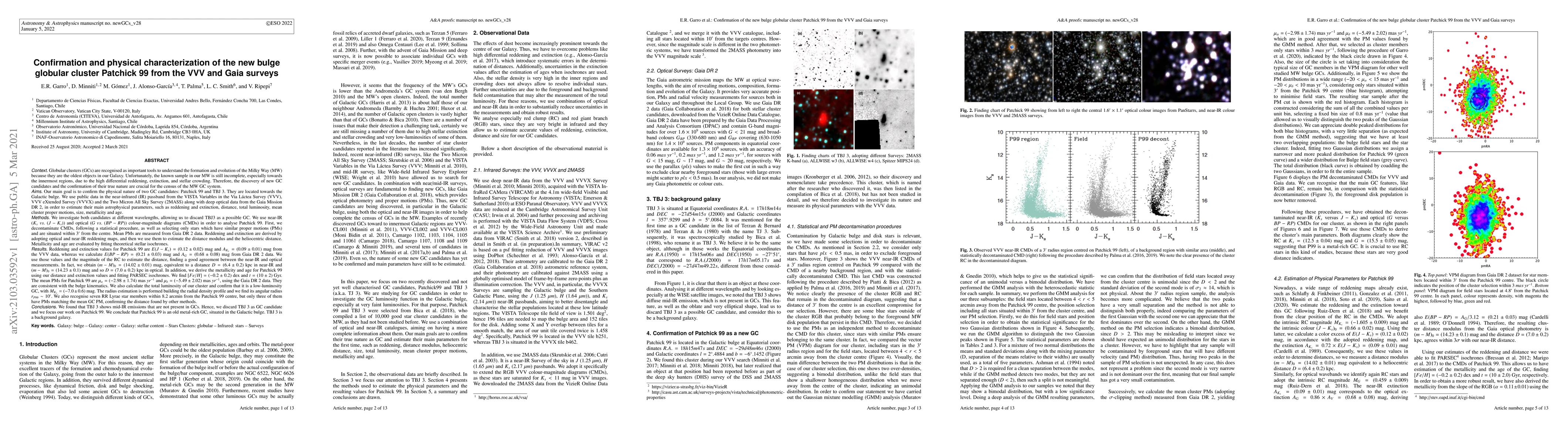 Thumbnail for Confirmation and physical characterization of the new bulge globular
  cluster Patchick 99 from the VVV and Gaia surveys
