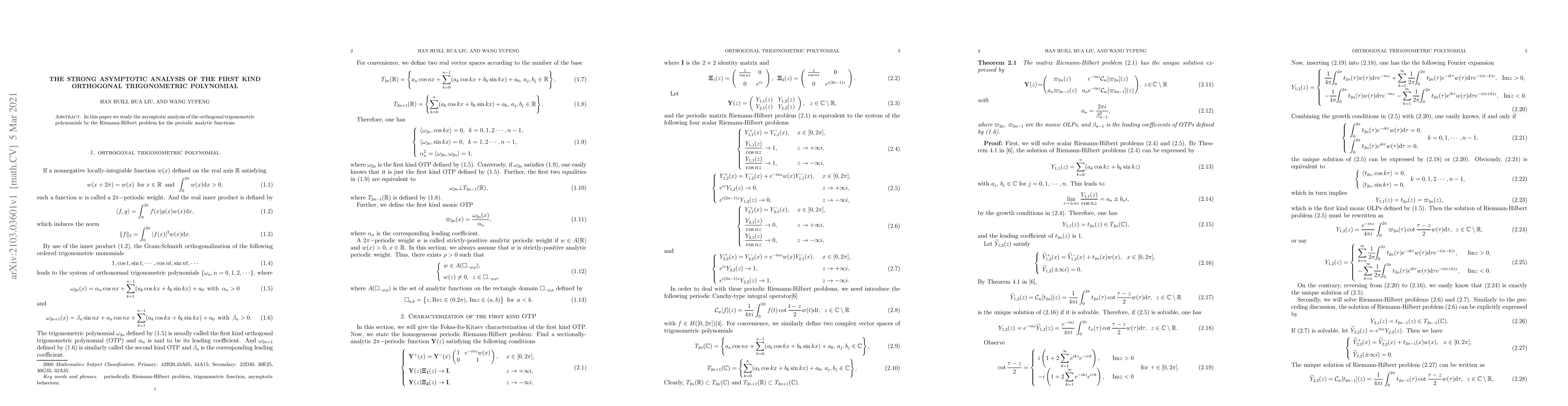 Thumbnail for The Strong Asymptotic Analysis of the first kind Orthogonal
  Trigonometric Polynomial