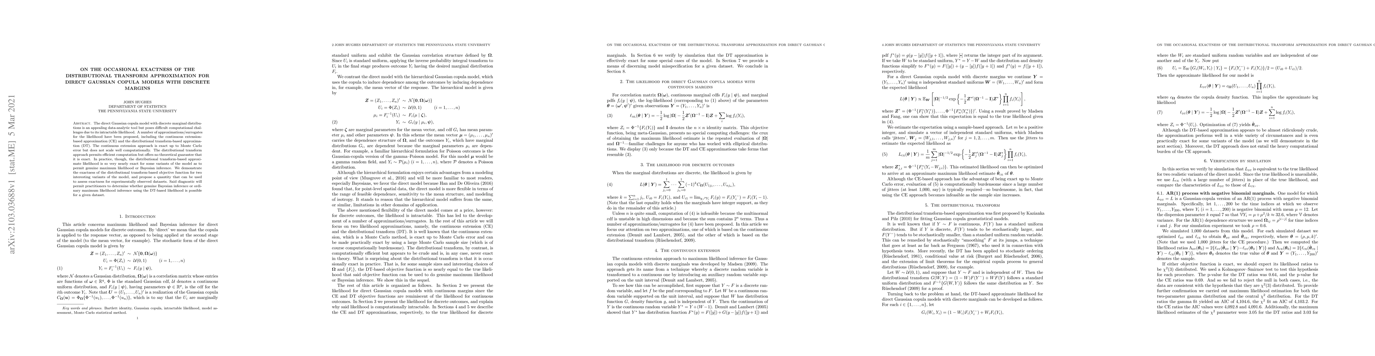 Thumbnail for On the Occasional Exactness of the Distributional Transform
  Approximation for Direct Gaussian Copula Models with Discrete Margins