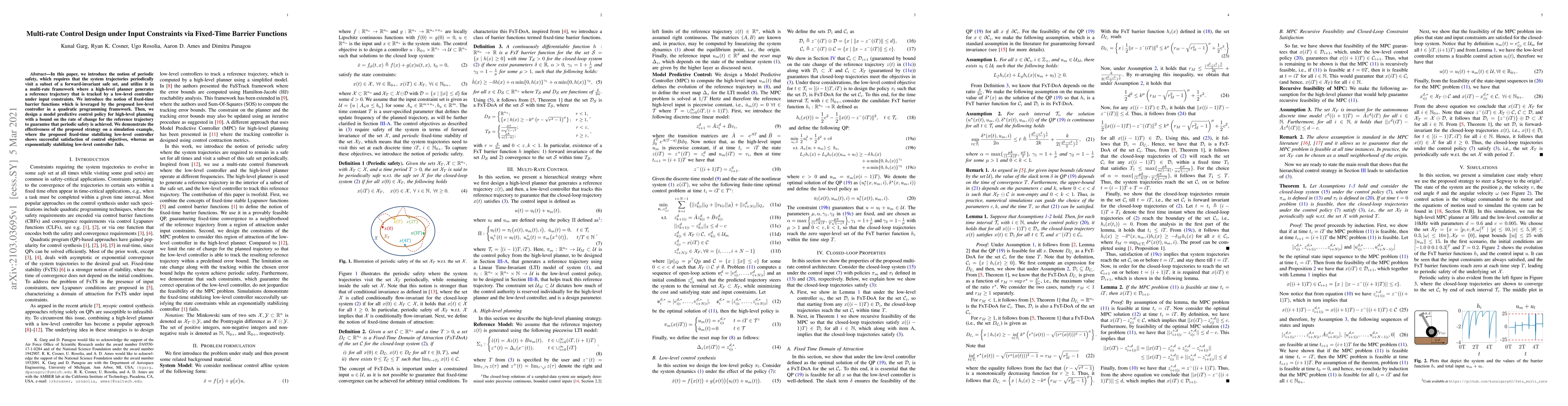 Thumbnail for Multi-rate Control Design under Input Constraints via Fixed-Time Barrier
  Functions