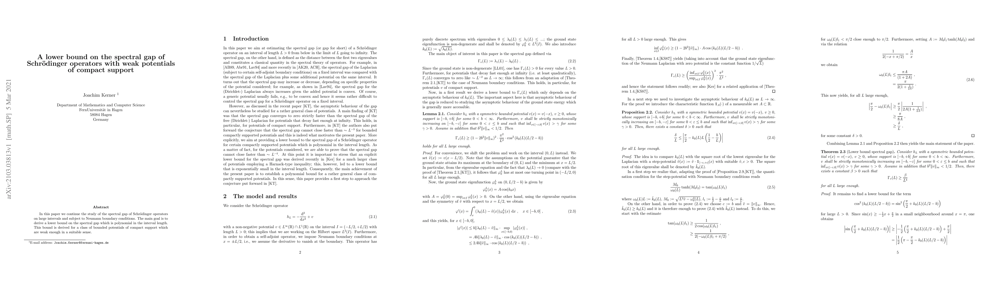 Thumbnail for A lower bound on the spectral gap of Schr\"odinger operators with weak
  potentials of compact support