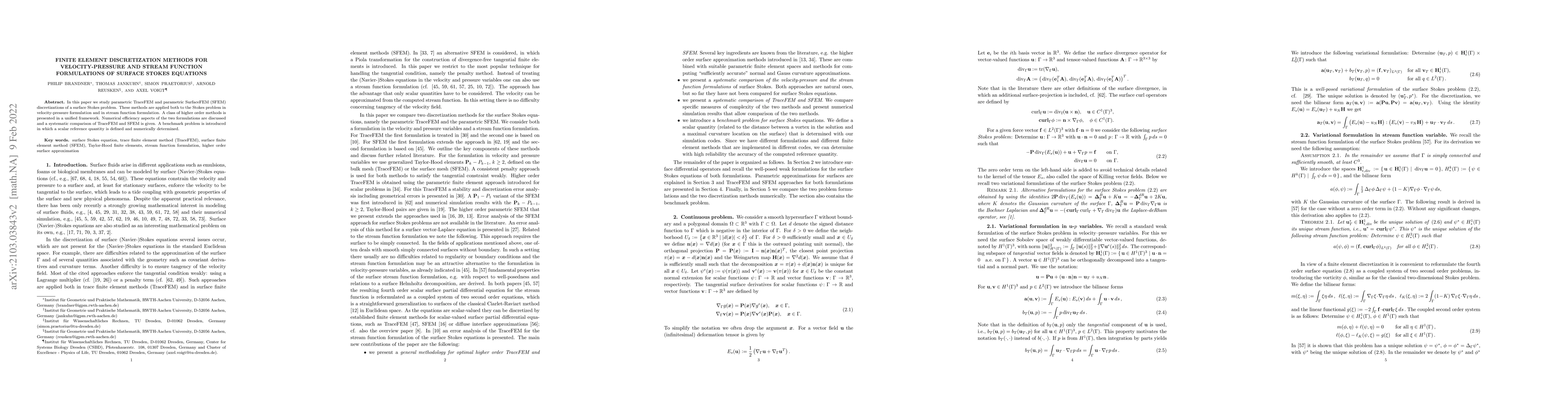 Thumbnail for Finite element discretization methods for velocity-pressure and stream
  function formulations of surface Stokes equations