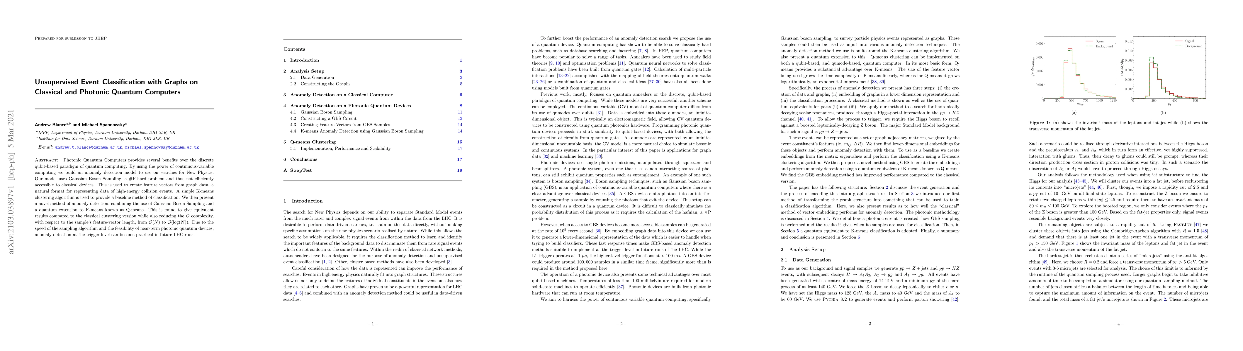 Thumbnail for Unsupervised Event Classification with Graphs on Classical and Photonic
  Quantum Computers