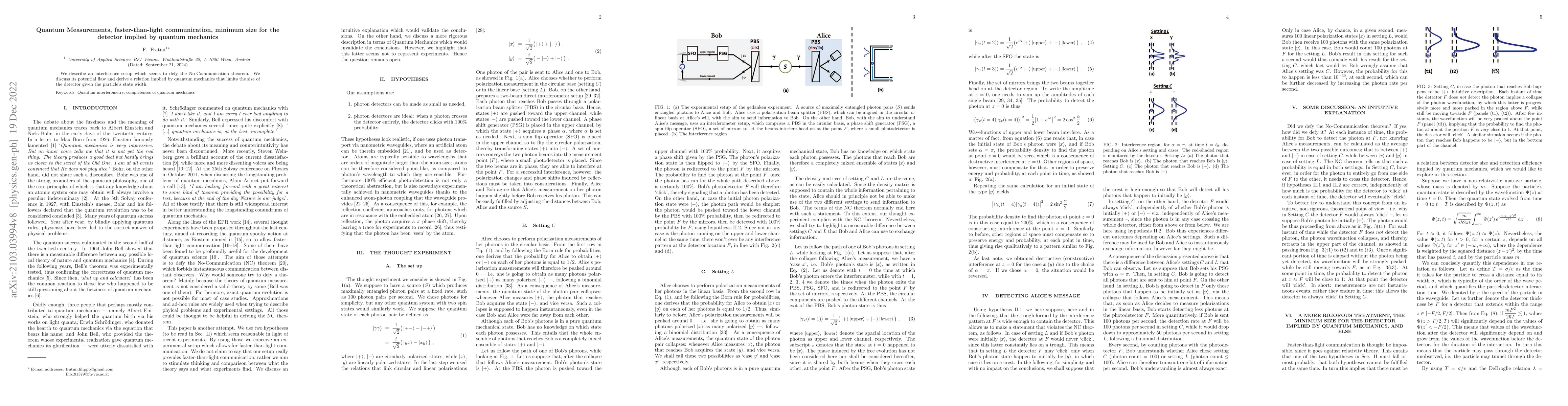 Thumbnail for Quantum Measurements, faster-than-light communication, minimum size for
  the detector implied by quantum mechanics