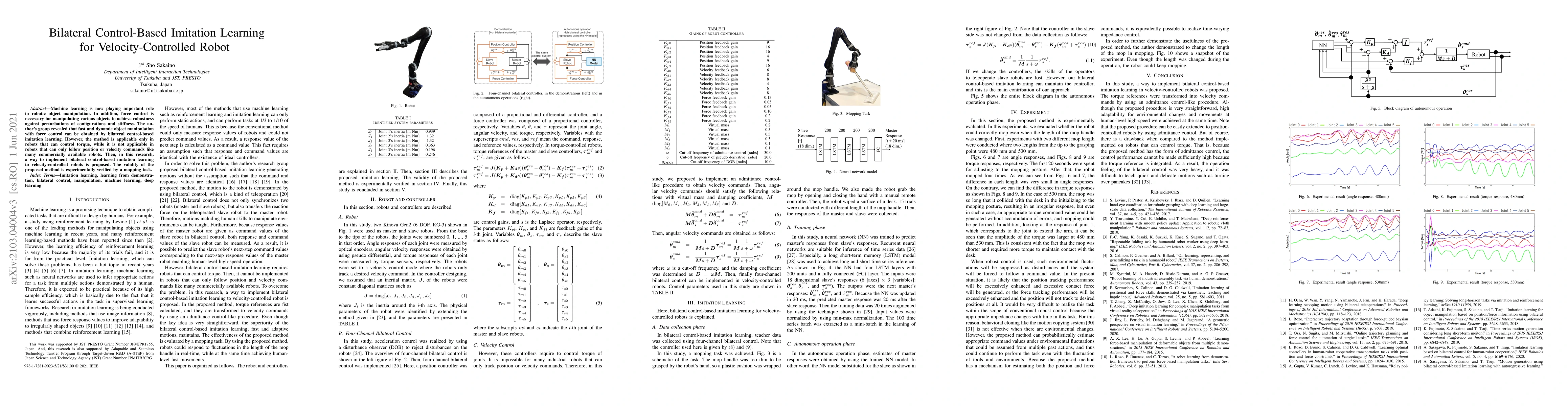 Thumbnail for Bilateral Control-Based Imitation Learning for Velocity-Controlled Robot