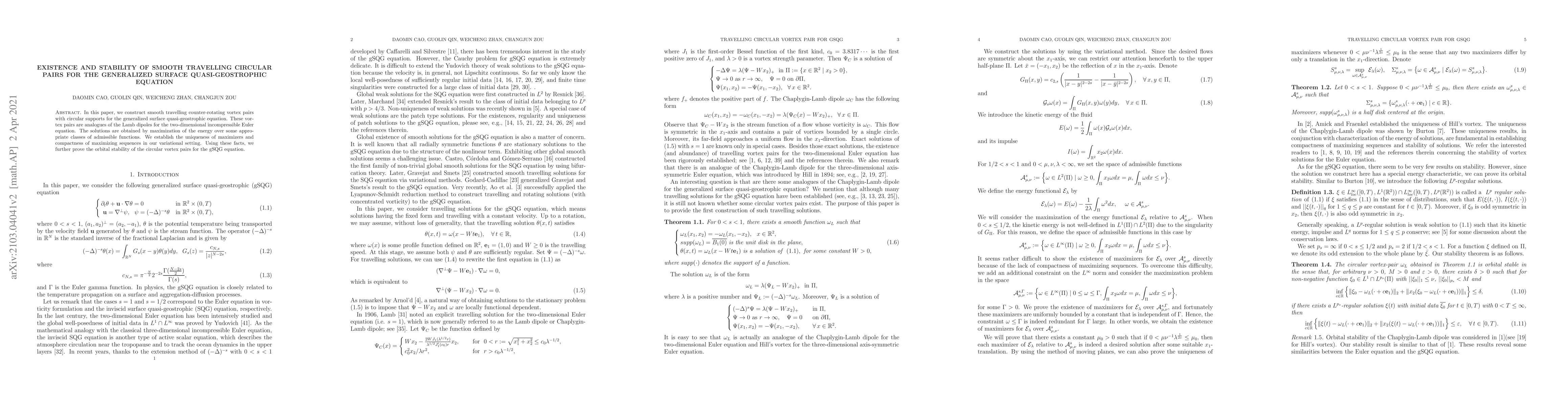 Thumbnail for Existence and stability of smooth traveling circular pairs for the
  generalized surface quasi-geostrophic equation