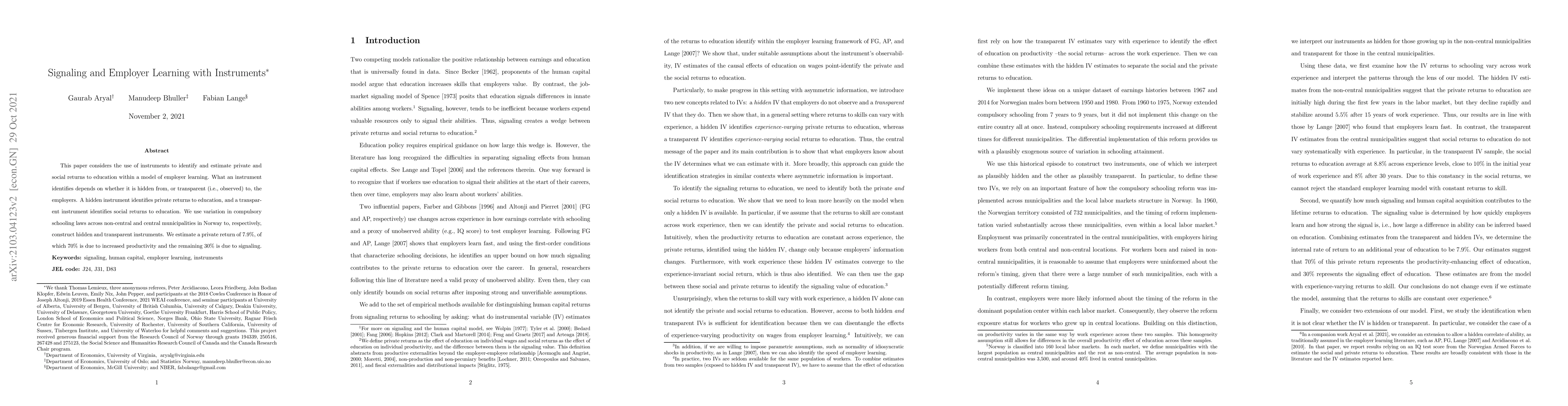 Thumbnail for Signaling and Employer Learning with Instruments