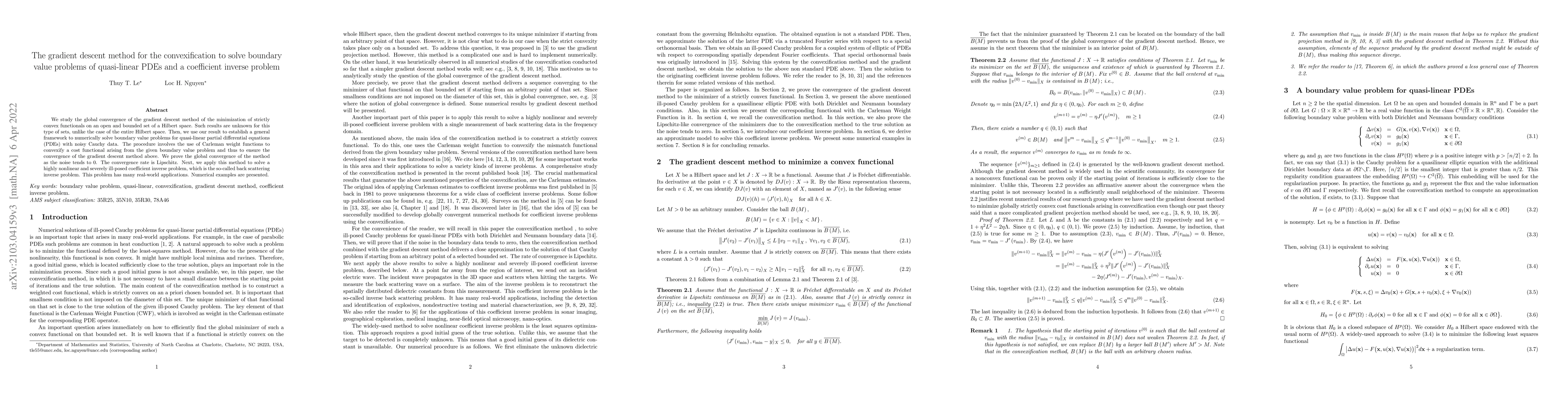 Thumbnail for The gradient descent method for the convexification to solve boundary
  value problems of quasi-linear PDEs and a coefficient inverse problem