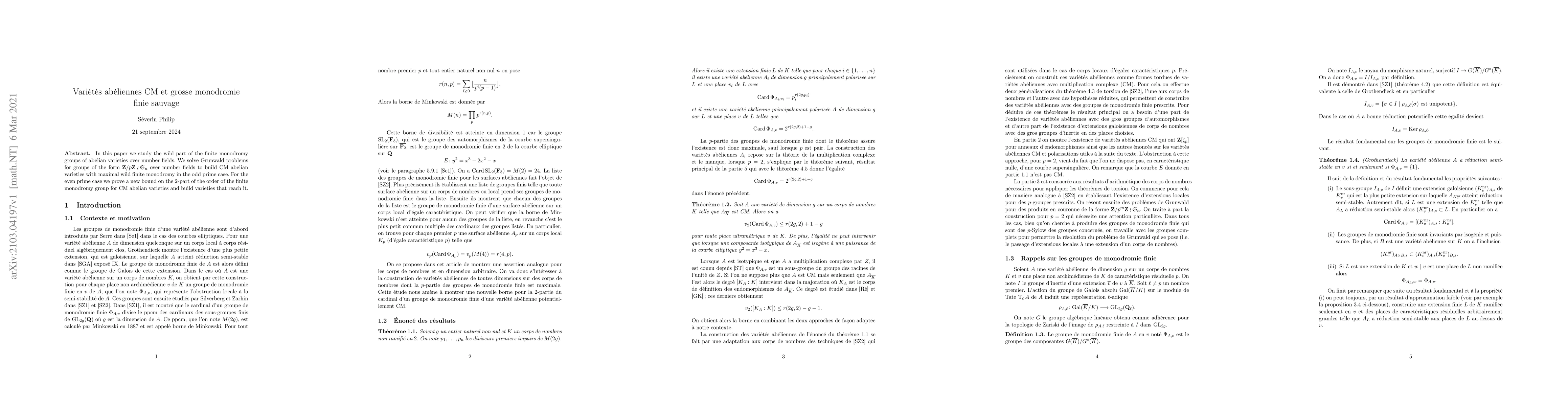 Thumbnail for Vari\'et\'es ab\'eliennes CM et grosse monodromie finie sauvage