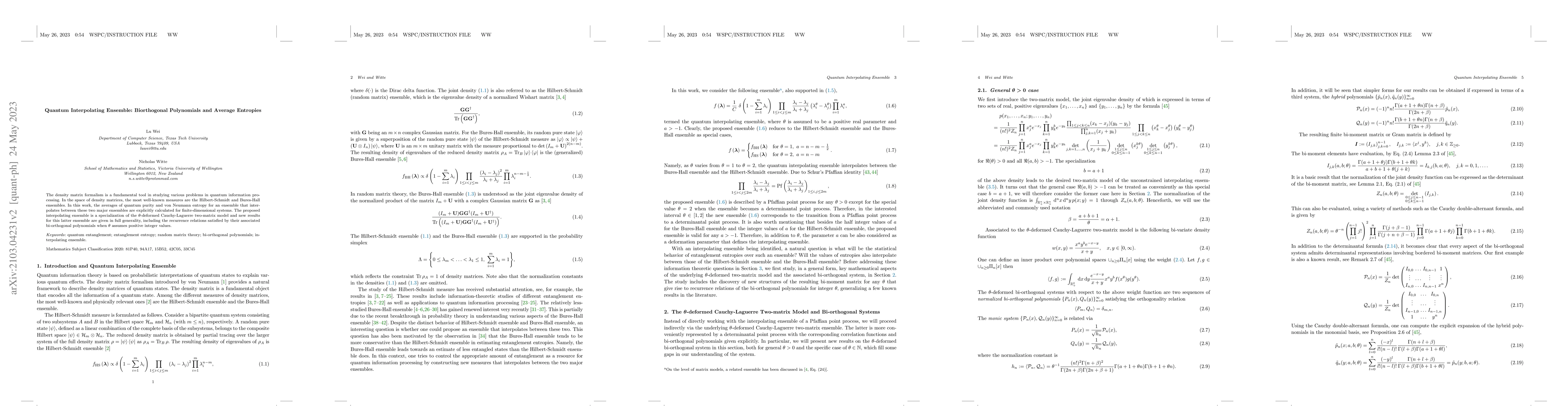 Thumbnail for Quantum interpolating ensemble: Biorthogonal polynomials and average
  entropies