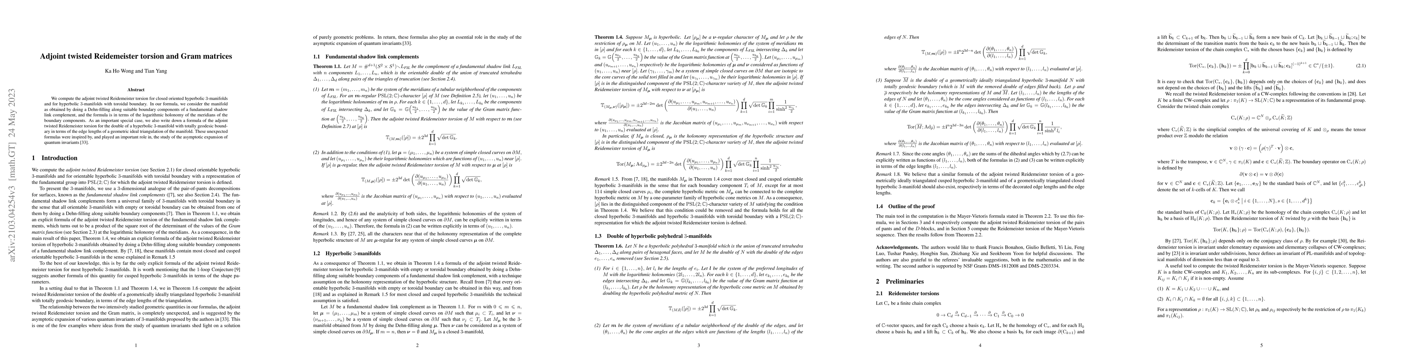 Thumbnail for Adjoint twisted Reidemeister torsion and Gram matrices