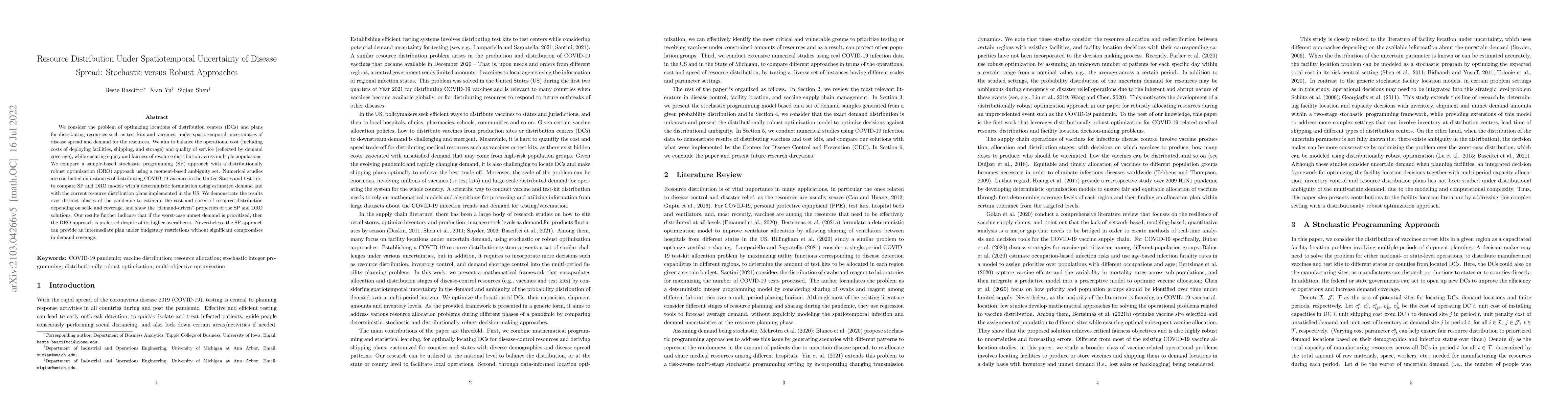 Thumbnail for Resource Distribution Under Spatiotemporal Uncertainty of Disease
  Spread: Stochastic versus Robust Approaches