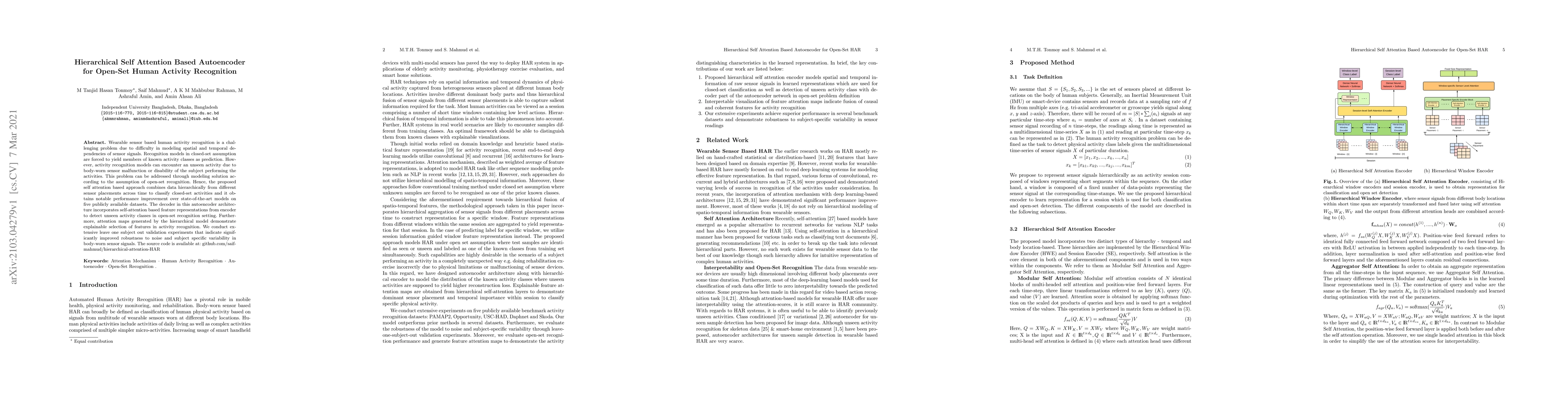 Thumbnail for Hierarchical Self Attention Based Autoencoder for Open-Set Human
  Activity Recognition
