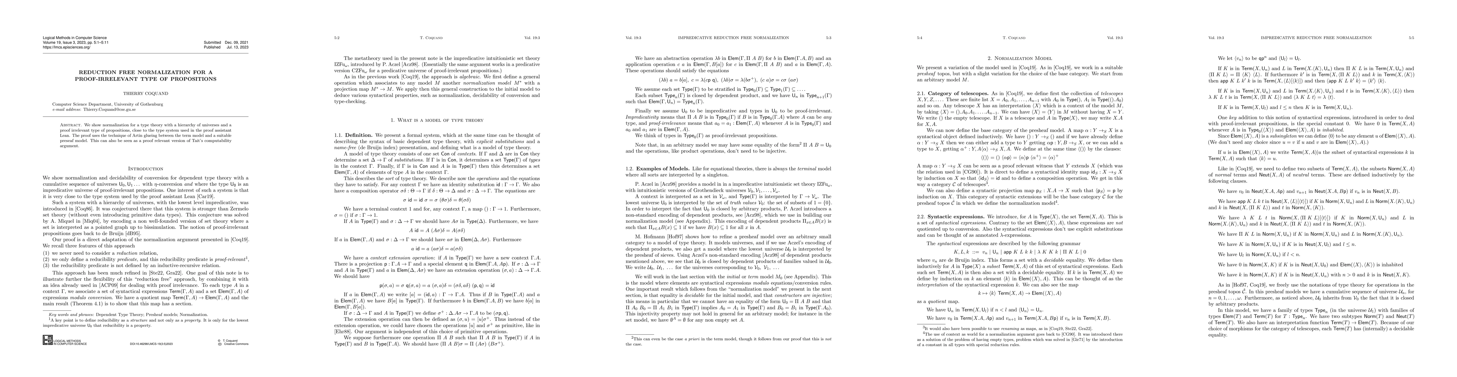 Thumbnail for Reduction Free Normalisation for a proof irrelevant type of propositions