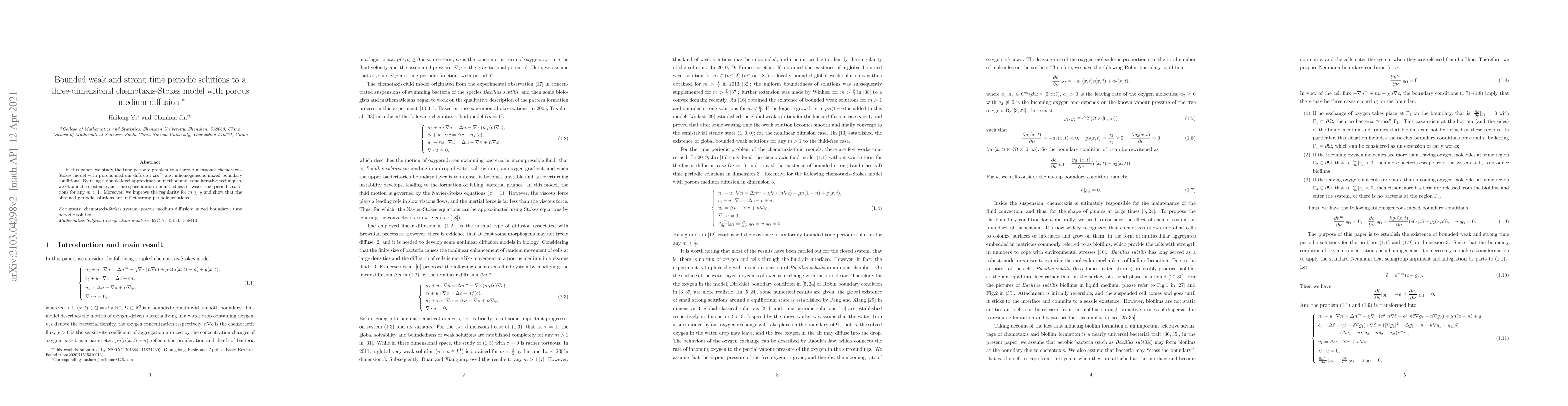 Thumbnail for Bounded weak and strong time periodic solutions to a three-dimensional
  chemotaxis-Stokes model with porous medium diffusion
