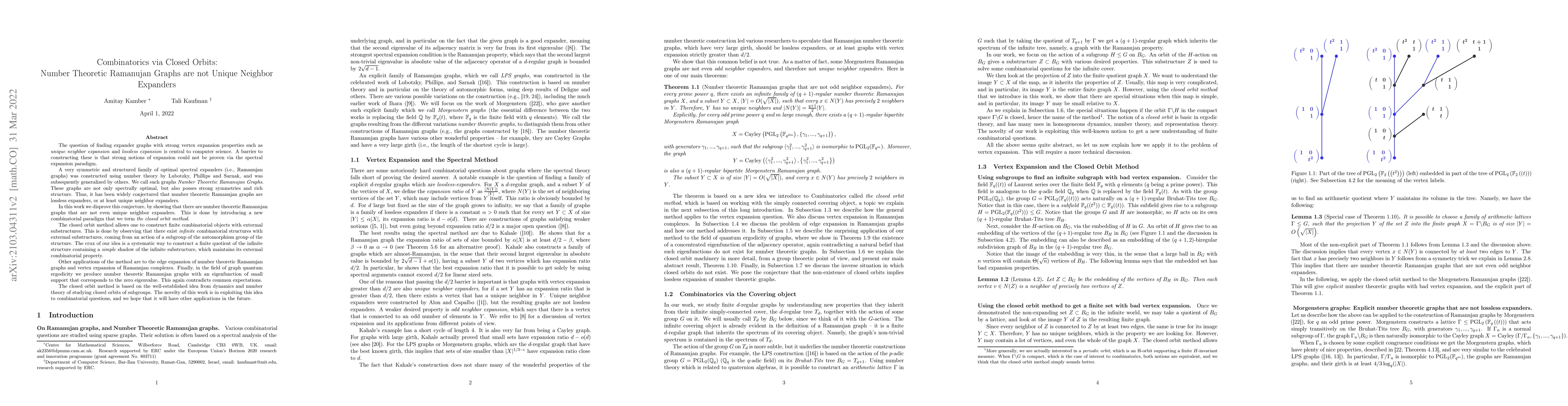 Thumbnail for Combinatorics via Closed Orbits: Number Theoretic Ramanujan Graphs are
  not Unique Neighbor Expanders