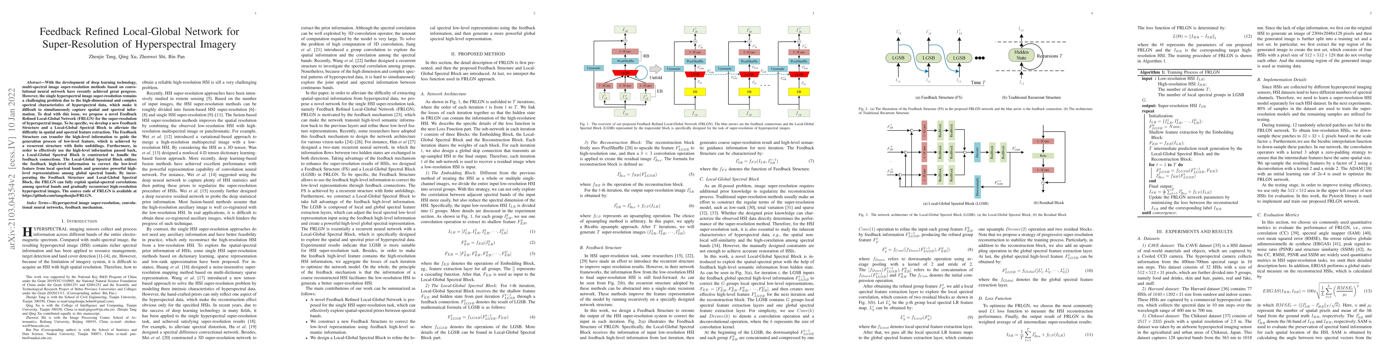 Thumbnail for Feedback Refined Local-Global Network for Super-Resolution of
  Hyperspectral Imagery